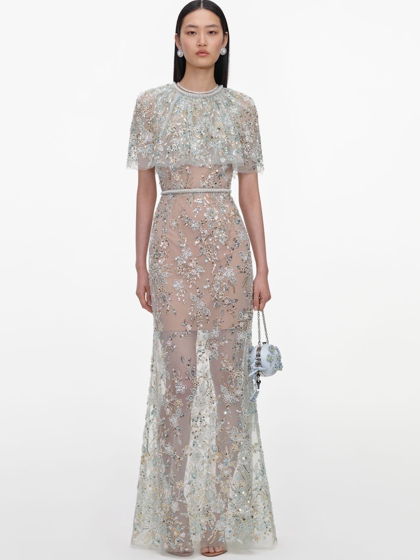 Nwot Self-Portrait Mint Embellished Cape Maxi Dress